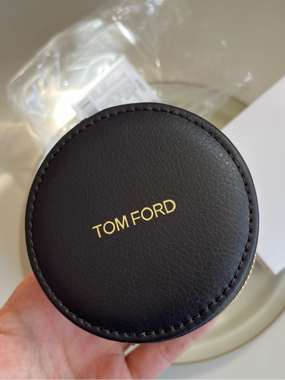 Tom Ford Black Round Coin Case/ Earphone Case / Cushion Case with Gold Logo
